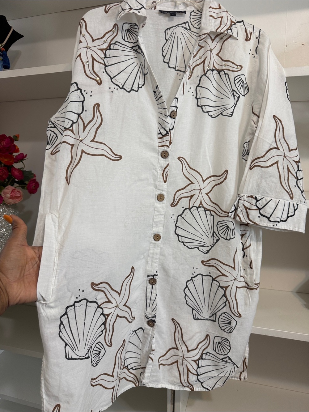 6. CLUB Z White Seashell Print Button-Front Coverup Dress - Picture 5 of 8